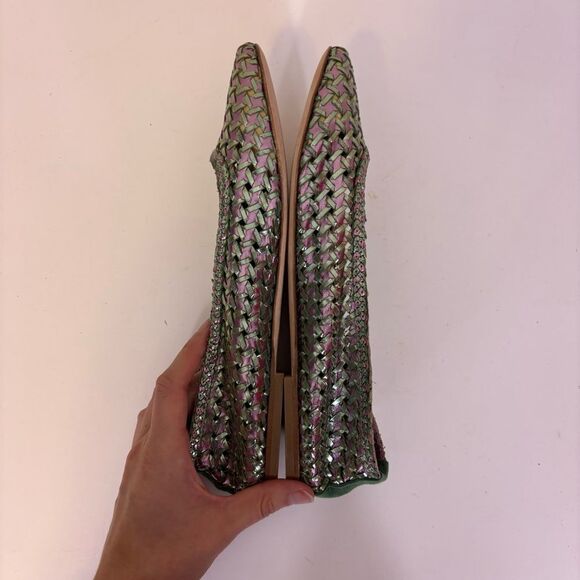 Cardinale Women's Green & Purple Iridescent Leather Woven Flats Size 9 - Picture 8 of 9